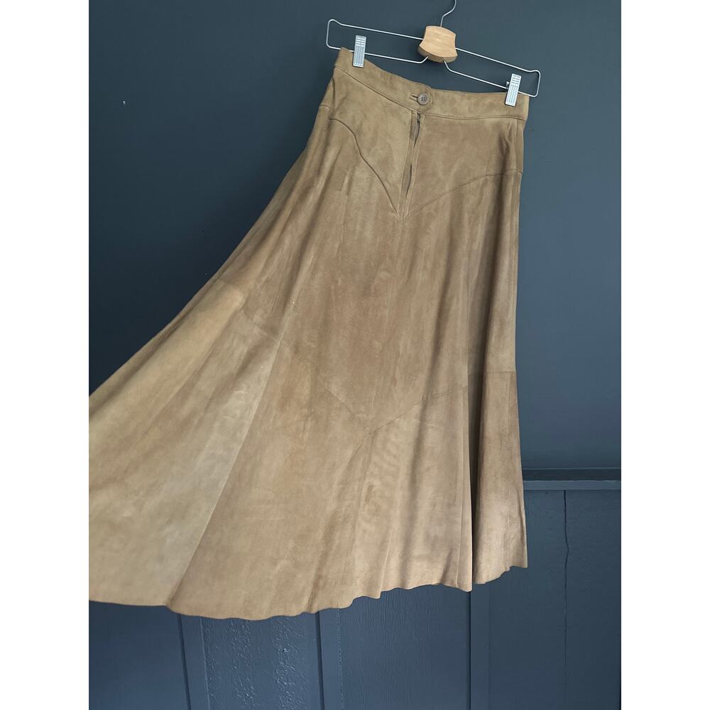 Vintage Tan Western Genuine Leather Lamb Suede Flare High Waist Midi Skirt Sz 8 - Picture 7 of 10